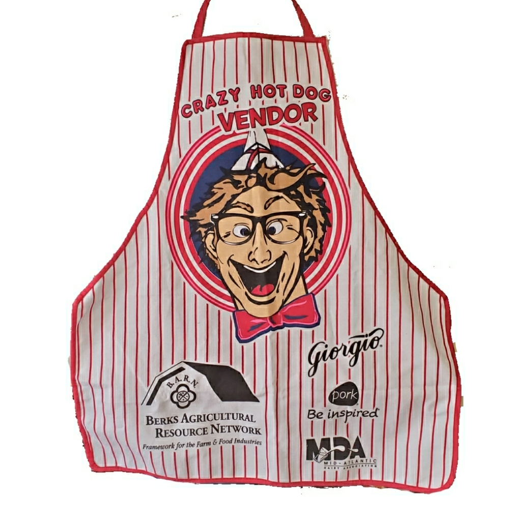 Crazy Hotdog Vendor Mens Apron Chef Red & White Striped Grilling BBQ Advertising